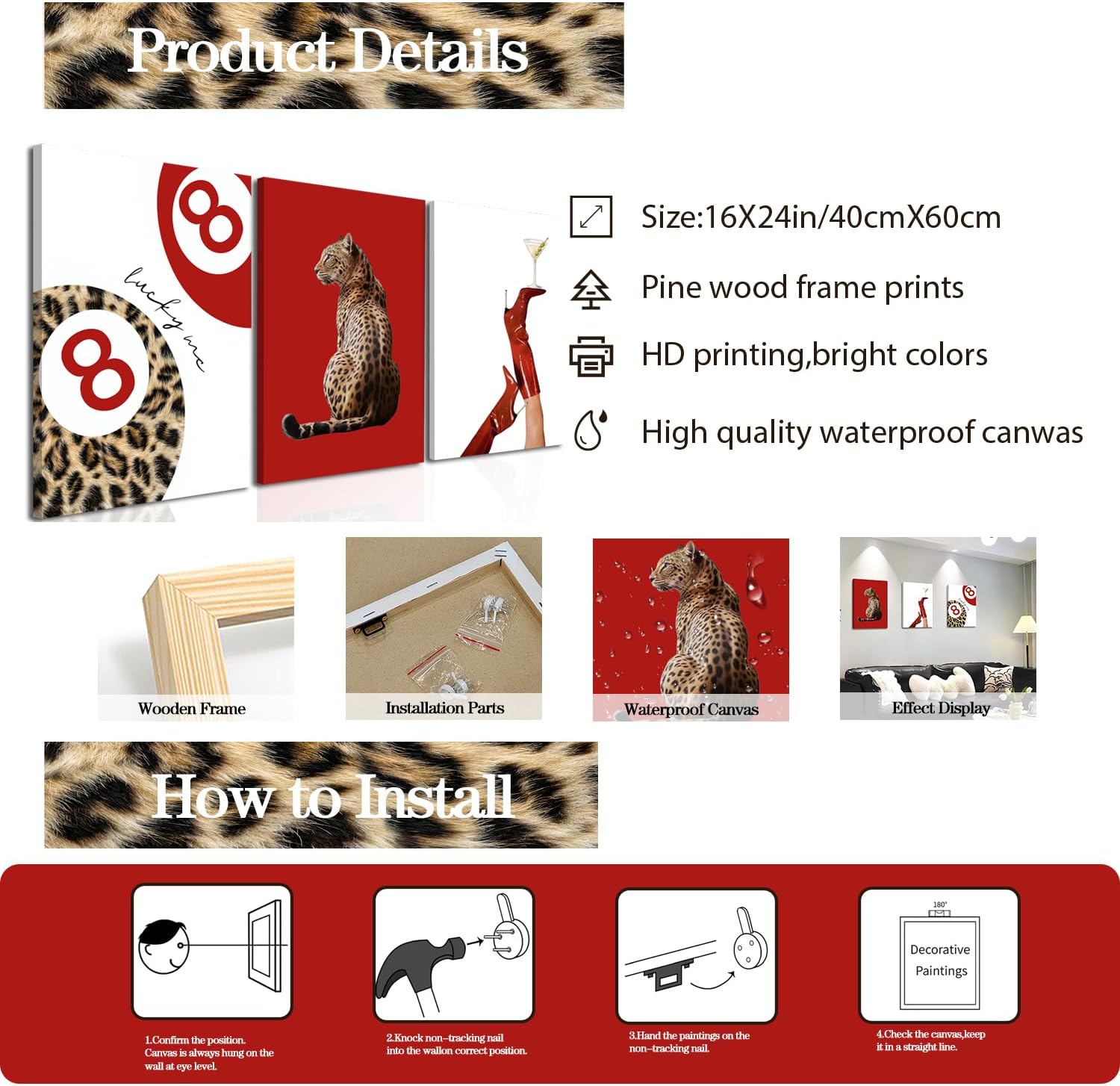 Skiennix Leopard Canvas Wall Art Set of 3 - Red Cheetah High Heel & Lucky 8 Ball Prints | 16x24 Inch Framed Decor for Girls' Bedroom