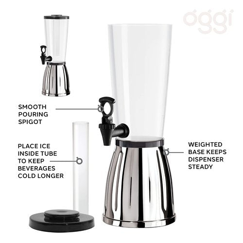 OGGI Beverage Dispenser - 3-quart / 6-Pints, Perfect for Parties, Use as Alcohol, Water, Lemonade Dispenser & More