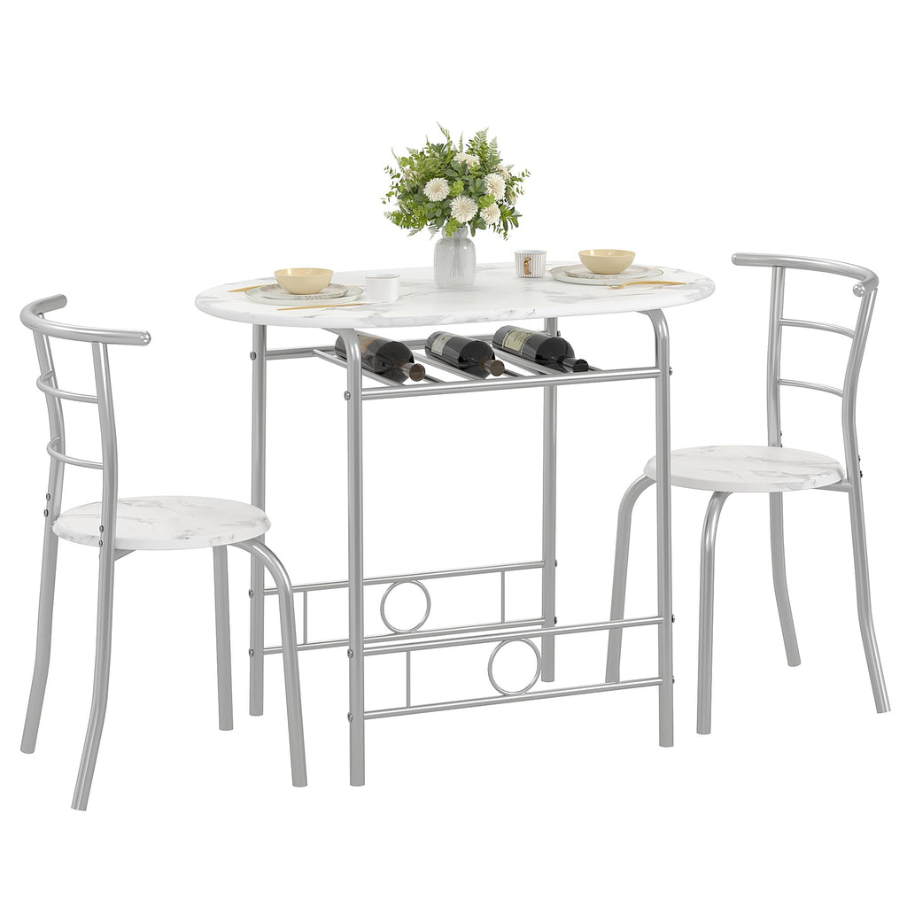 VECELO 3-Piece Dining Table Set for Kitchen Breakfast Nook, Faux Marbled Oval Tabletop and Metal Frame with Built-in Wine Rack, for Small Spaces, White & Silver