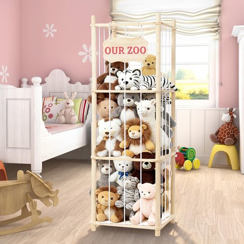 Stuffed Animal Storage & Organizer, Wooden Large Capacity Stuffed Animal Zoo with Elastic Cords, Sturdy Space-Saving Plushie Toy Shelf Cage Tower for Bedroom Playroom Nursery 54 in, Easy to Install