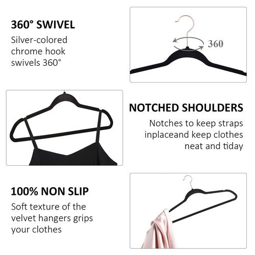 VECELO Premium Velvet Clothes Hangers Suit Heavy Duty (50 Pack)-Non Slip & Space-Saving with 6 Finger Clips & Tie Rack Excellent for Men and Women,Black