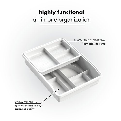 madesmart 24-Compartment Junk Drawer Organizer with Sliding Top Tray, Multi-Purpose Storage for Kitchen, Office & Bathroom Drawers, White