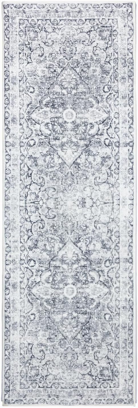 Skiennix Vintage Washable Runner Rug - Soft Non-Slip Backing | Stain Resistant Gray Mat for Hallway & Kitchen