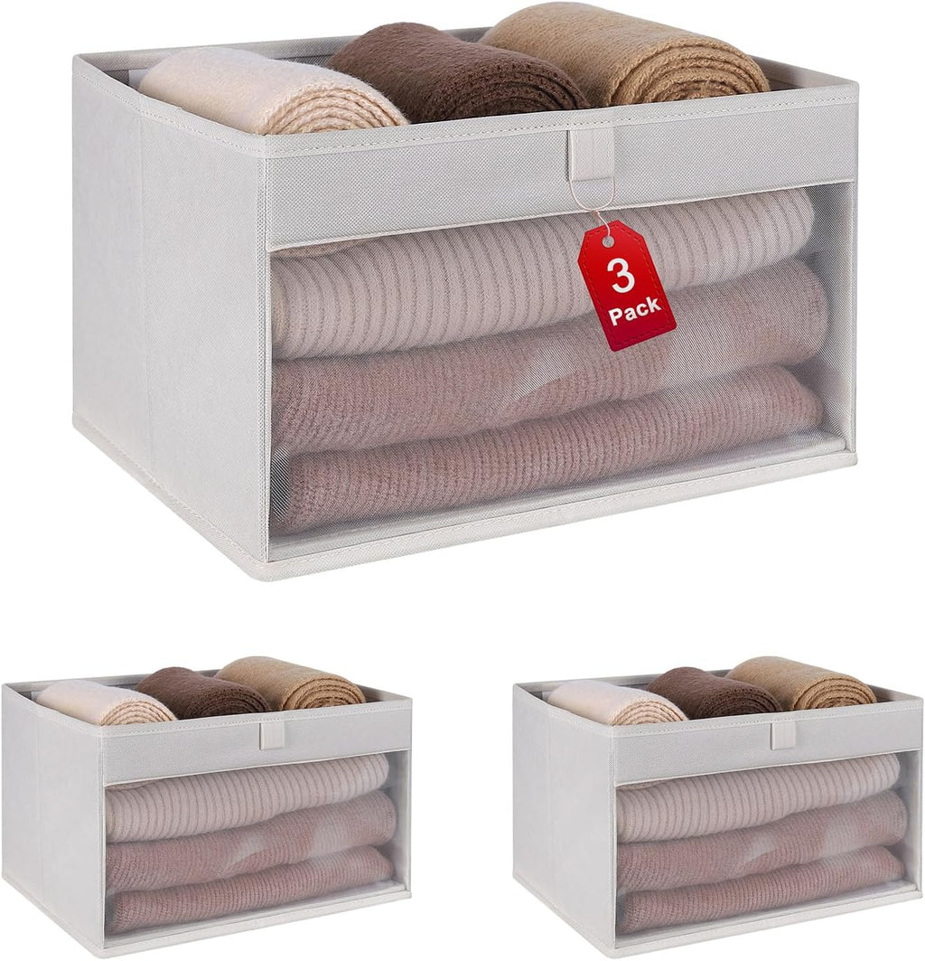 WUIKE Fabric Storage Bins - Large Foldable Organizer Baskets with Clear Window | Beige, 3-Pack