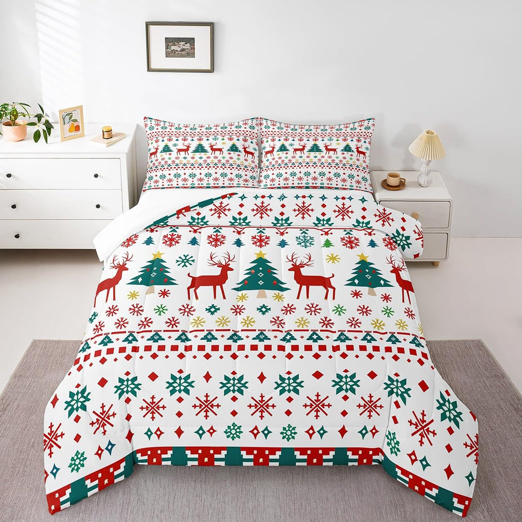 Reindeer Snowflake Comforter Set King Size,Abstract Christmas Tree Duvet Insert for Kids Boys Girls Room Decor,Bohemian Geometric Pattern Bedding Set 3Pcs,Merry Christmas Quilt Set,2 Pillowcases