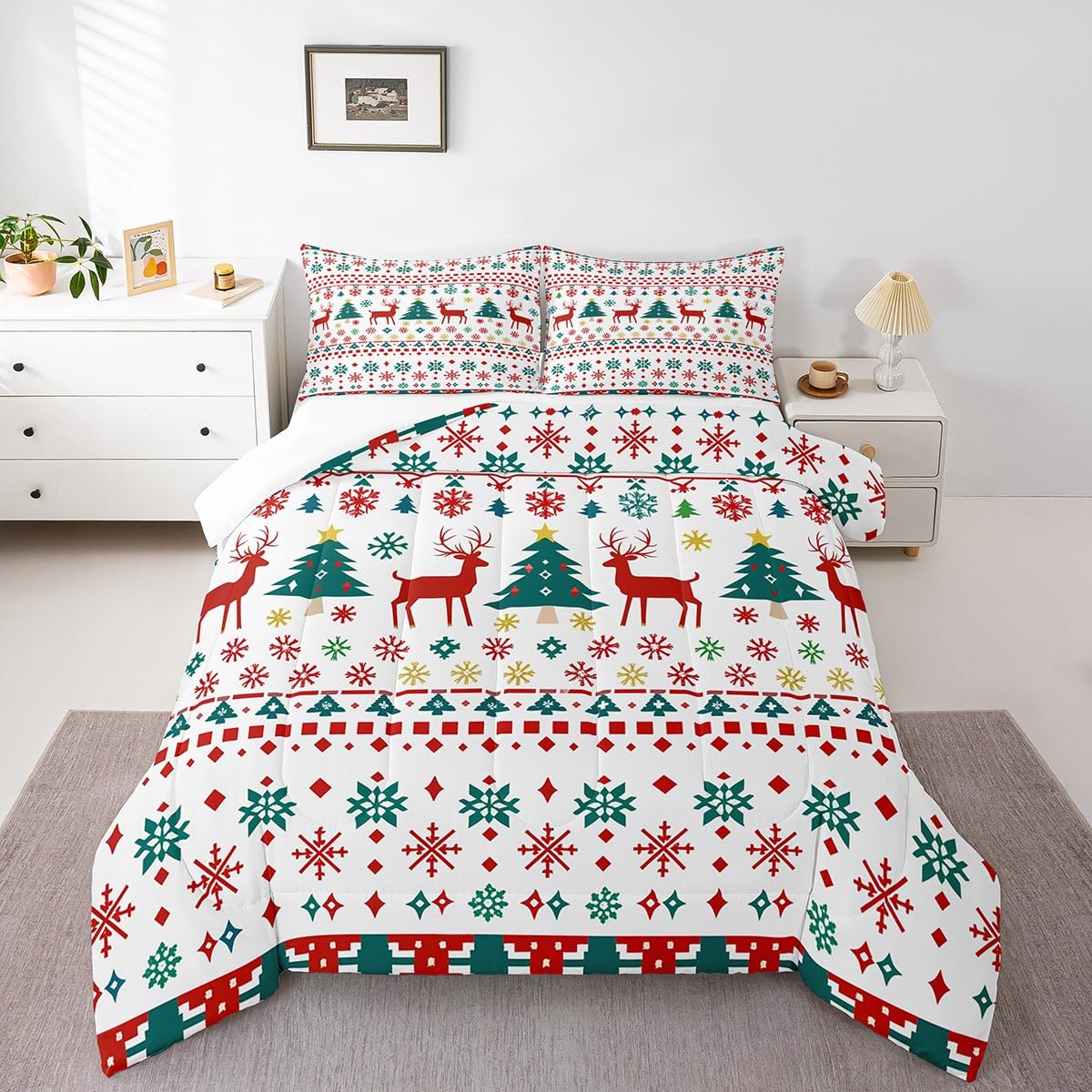 Reindeer Snowflake Comforter Set King Size,Abstract Christmas Tree Duvet Insert for Kids Boys Girls Room Decor,Bohemian Geometric Pattern Bedding Set 3Pcs,Merry Christmas Quilt Set,2 Pillowcases