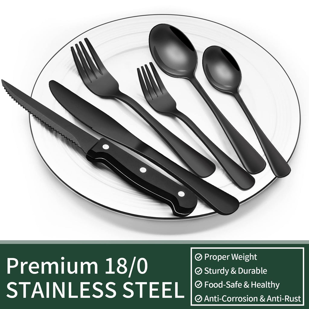 EWFEN 24-Piece Black Silverware Set with Steak Knives, Black Flatware Set for 4, Food-Grade Stainless Steel Tableware Cutlery Set, Mirror Finished Utensil Sets for Home Restaurant, Round Edge