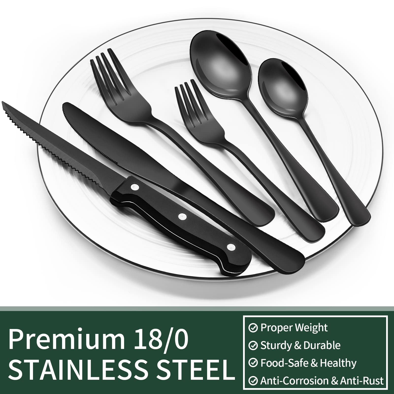 EWFEN 24-Piece Black Silverware Set with Steak Knives, Black Flatware Set for 4, Food-Grade Stainless Steel Tableware Cutlery Set, Mirror Finished Utensil Sets for Home Restaurant, Round Edge