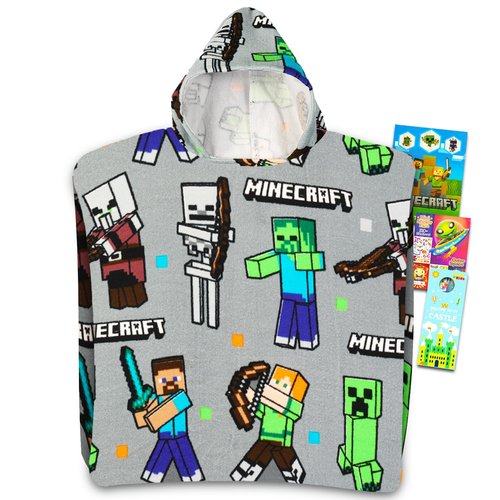 Minecraft Hooded Towel Set for Kids, Girls, Boys - Minecraft Bath Towel Poncho Bundle with Tattoos, More | Boys Bathroom Set