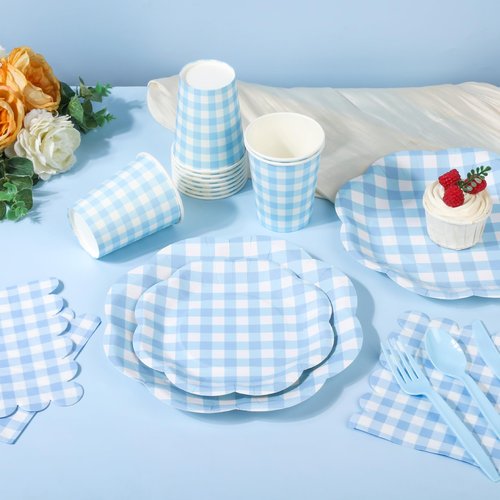 Houuqe 400 Pcs Gingham Party Supplies for 50 Guests Blue and White Scalloped Paper Plates and Napkins Knives Spoons Forks Cups Disposable Checkered Dinner Party Set for BBQ Baby Shower Wedding