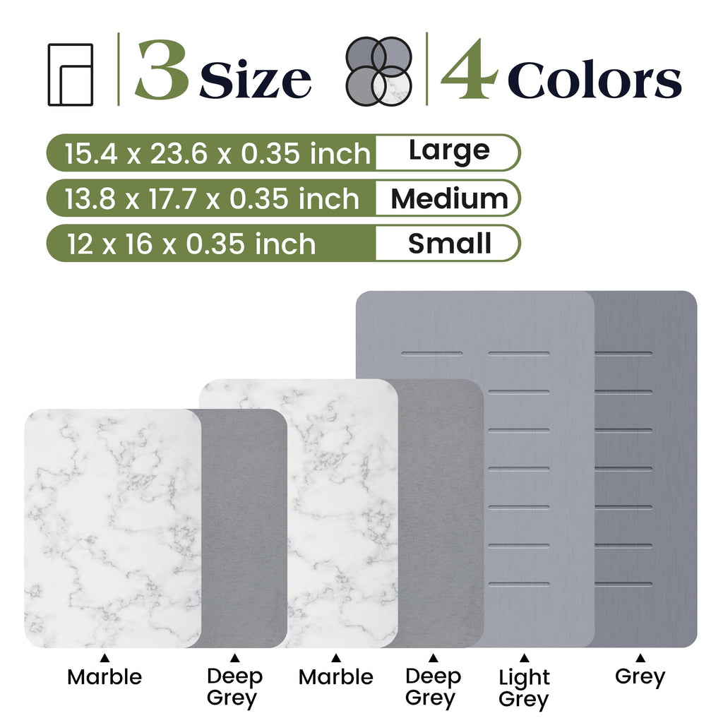 AOTASO 2 Pcs Dish Drying Mats for Kitchen Counter Set 12 x16 inch Diatomaceous Earth Stone Drying Mat Heat Resistant Super Absorbent Mat Marble White