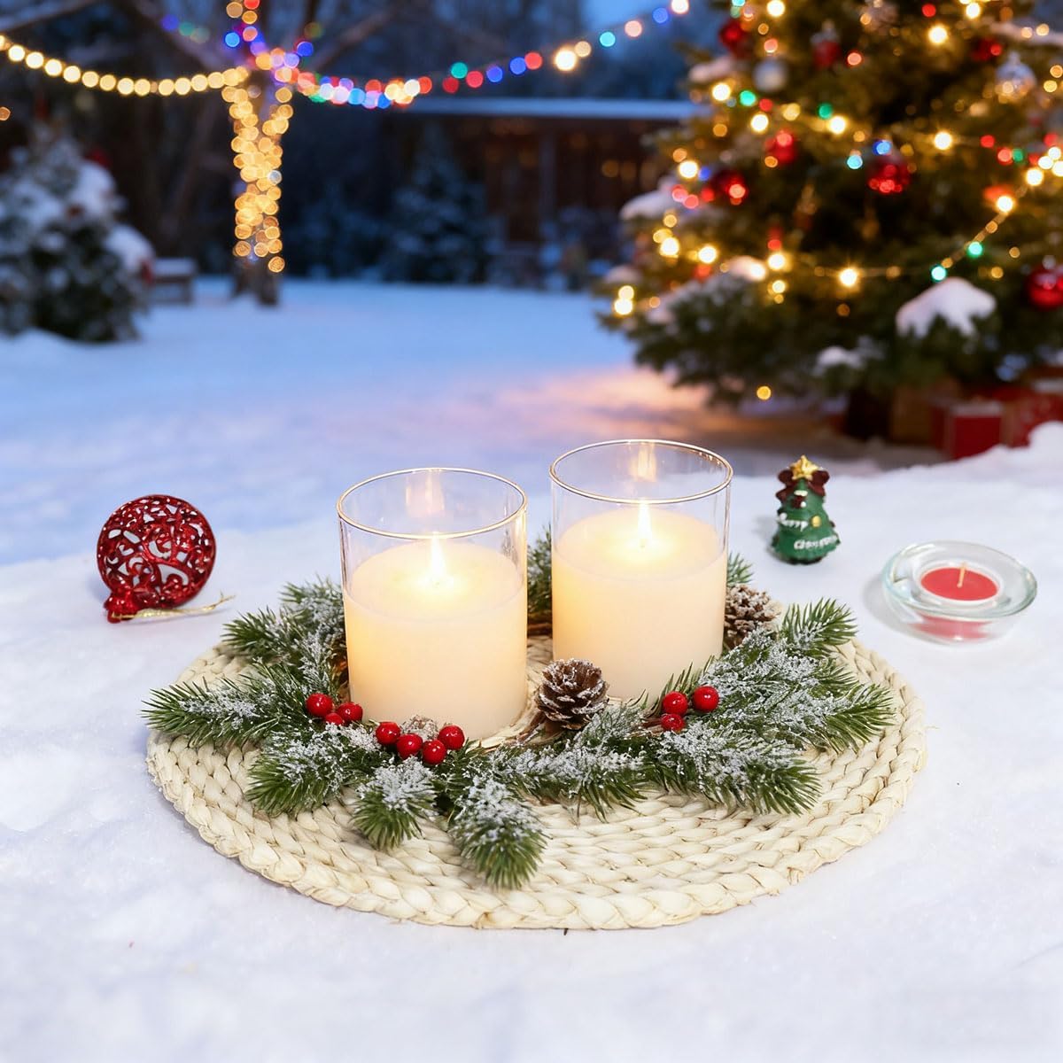 Skiennix Christmas Candle Rings - Frosted Pine Garland with Red Berries | 11 Inch Mini Wreaths for Table Centerpieces