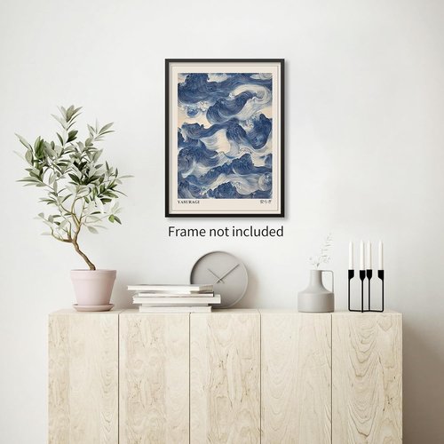 Japanese Blue Waves Wall Art | Vintage Japandi Wabi Sabi Canvas Print - Abstract Giant Waves, 12x16 Inch Unframed