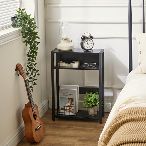 IBUYKE Narrow Side Table with Storage Shelf, 3 Tier End Table,Modern Sofa Table,Small Nightstand with Magazine Rack,Telephone Table for Small Spaces,for Living Room, Bedroom,Black UTMZ001B