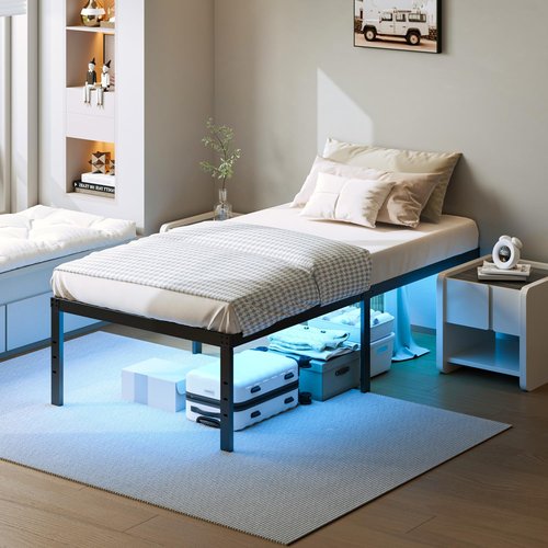 YORMDMO 14 inch Twin Bed Frame, Metal Bedframe with LED Lights, Heavy Duty Basic Steel Slats Platform, Outlets & USB, No Box Spring Needed