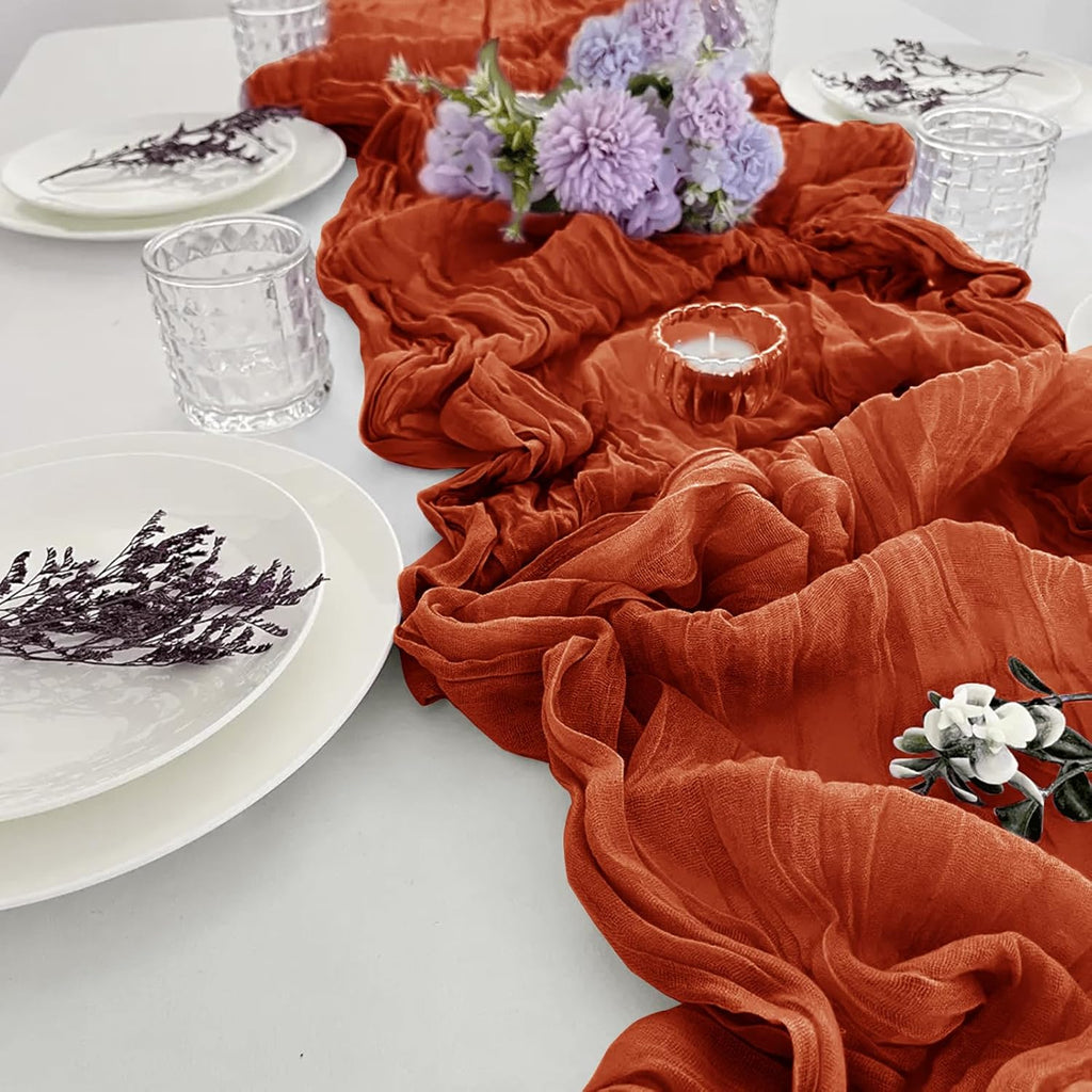 Skiennix Terracotta Cheesecloth Table Runner - 10 FT Long, Semi-Sheer Boho Rustic Design | 35 x 120 Inch