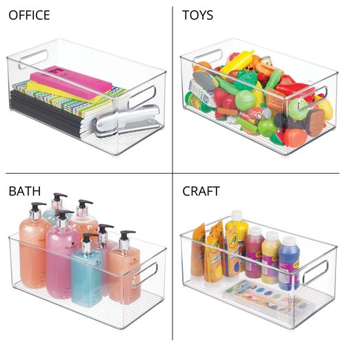 mDesign Deep Plastic Kitchen Storage Organizer Container Bin for Pantry, Cabinet, Cupboard, Shelves, Fridge, or Freezer - Holds Dry Goods, Sauces, Condiments, Drinks, Ligne Collection, 4 Pack, Clear