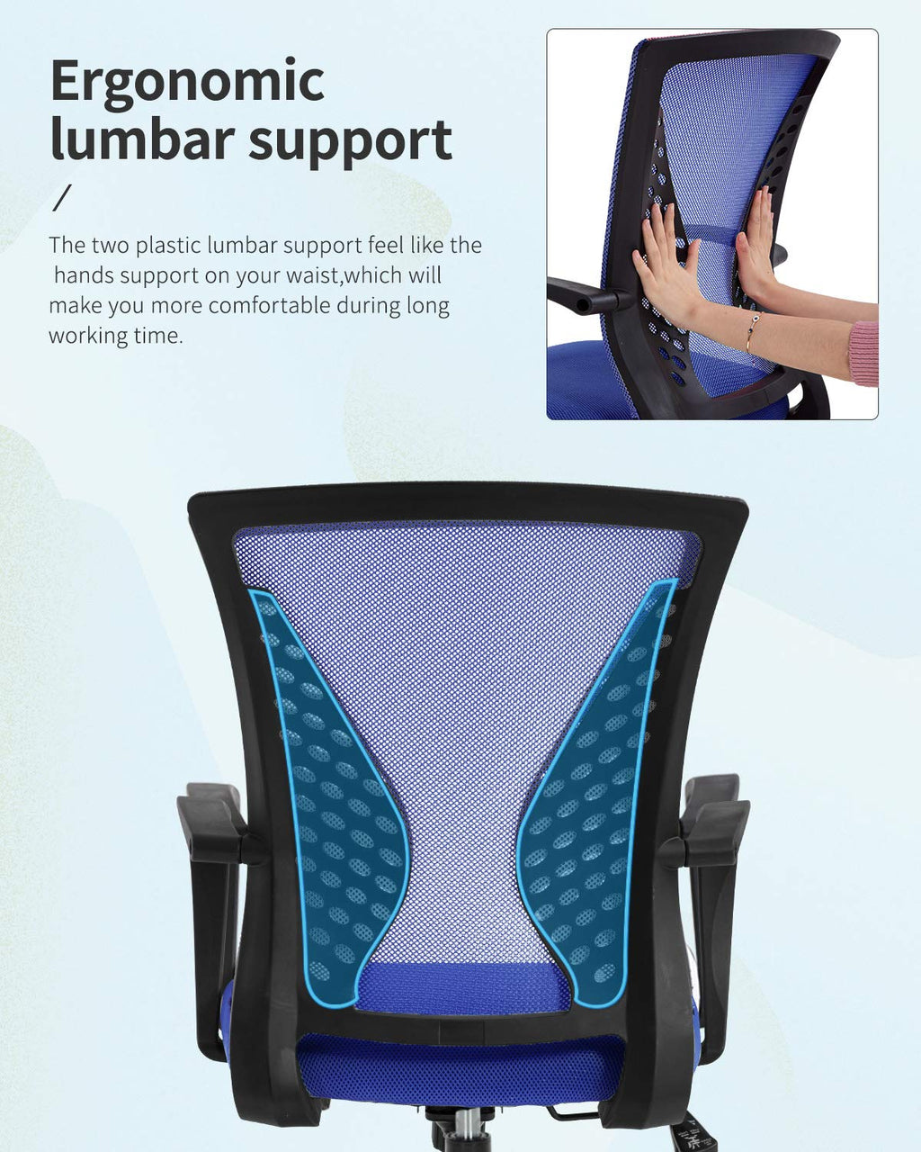 Home Office Chair Mid Back PC Swivel Lumbar Support Adjustable Desk Task Computer Ergonomic Comfortable Mesh Chair with Armrest (Blue)