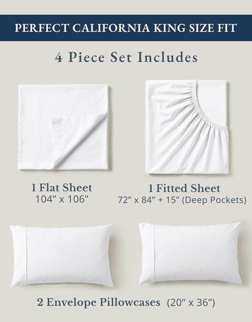 LANE LINEN 100% Organic Cotton California King Sheets Set - Ultra Soft 4-Piece Percale Weave | Fits Mattresses Up to 15" Deep - White