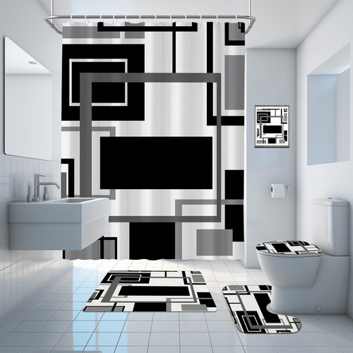 Onalasyc 4Pcs Black Geometric Shower Curtain with Rugs Set Waterproof Black Bathroom Sets with Shower Curtain and Rugs Abstract Geometric Modern Bathroom Curtains Shower Set with 12 pcs Hooks