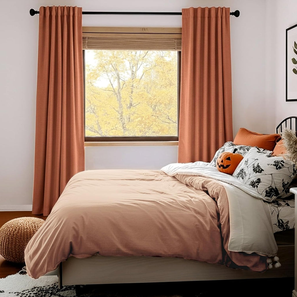 Skiennix 100% Blackout Linen Curtains - Thermal Insulated Drapes, 50" W x 84" L, Burnt Orange - 2 Panels Set