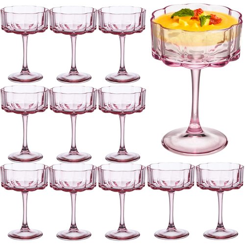 Vintage Champagne Coupes Glass Cute Martini Cocktail Glasses,13oz Crystal Martini Wine Glasses Set Of 12 Elegant Flower -Shaped Goblet Drinking Champagne Dessert Yogurt Ice Cream Glassware Cups Pink