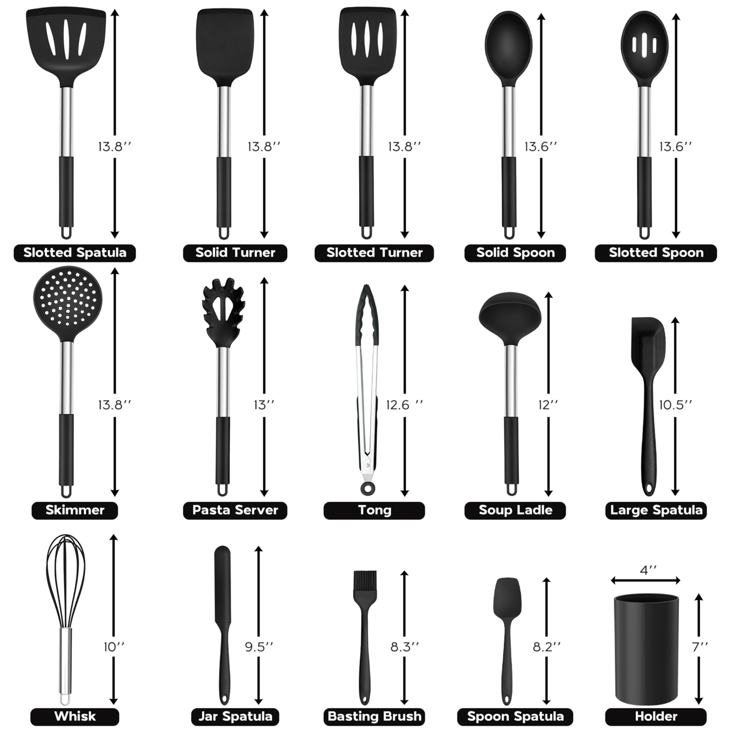 Onader Kitchen Utensils Set, 15 Pcs Silicone Cooking Utensils Set with Holder and Heat Resistant Stainless Steel Handle for Nonstick Cookware - Black