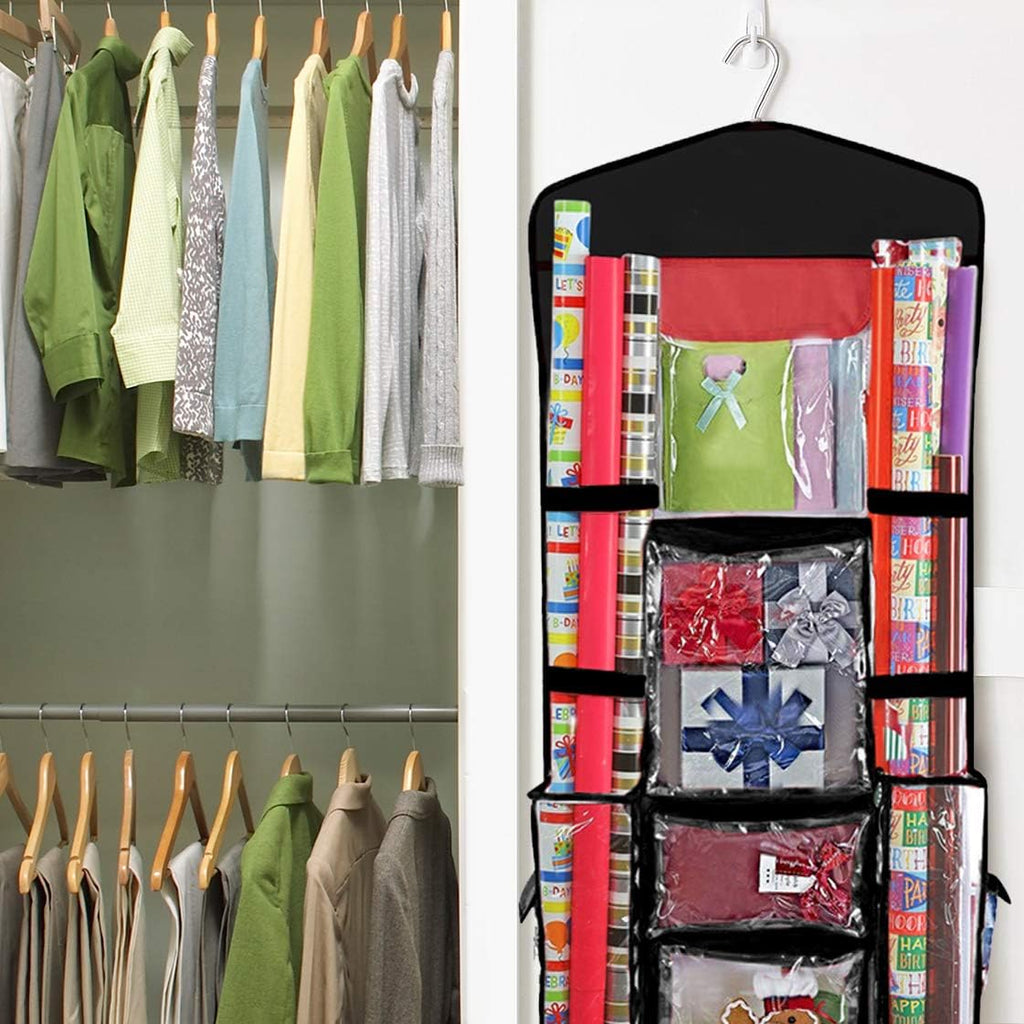 ProPik Wrapping Paper Storage Organizer - Double-Sided Design with Multiple Pockets | 40" x 17" Clear PVC Bag (Black)
