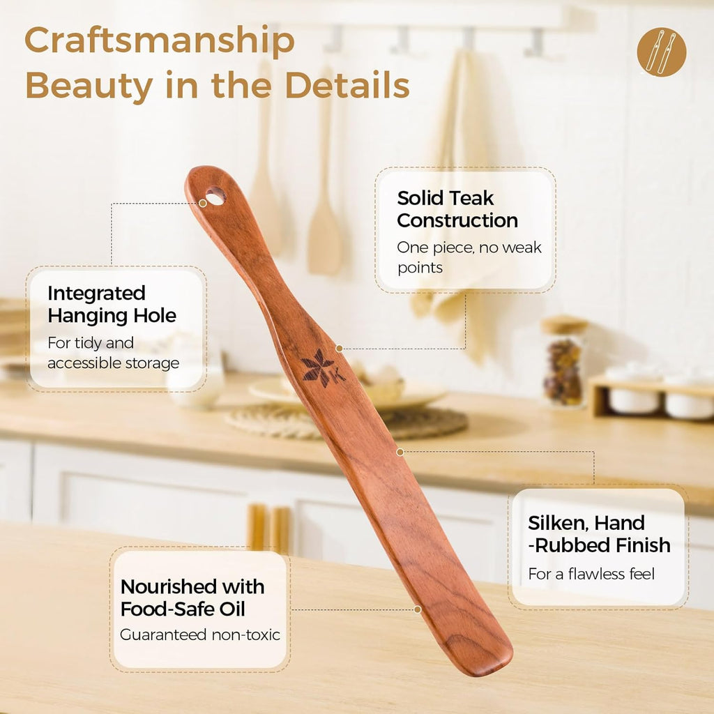 Skiennix 2 Pack Spurtle Set - Danish Dough Whisk & Jar Spatula in Solid Teak Wood for Bread Making