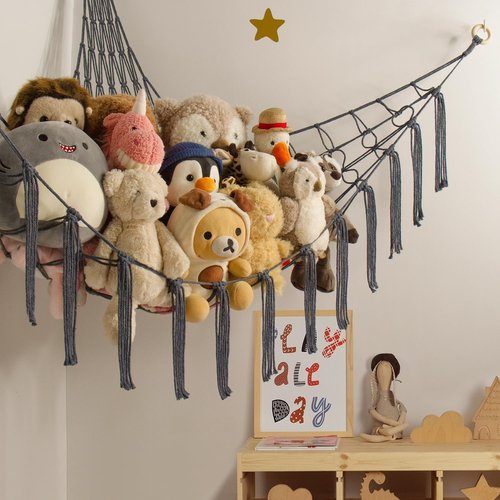 Mirolam Stuffed Animal Storage Hammock - Large Toy Organizer for Nursery Decor | Grey Corner Net