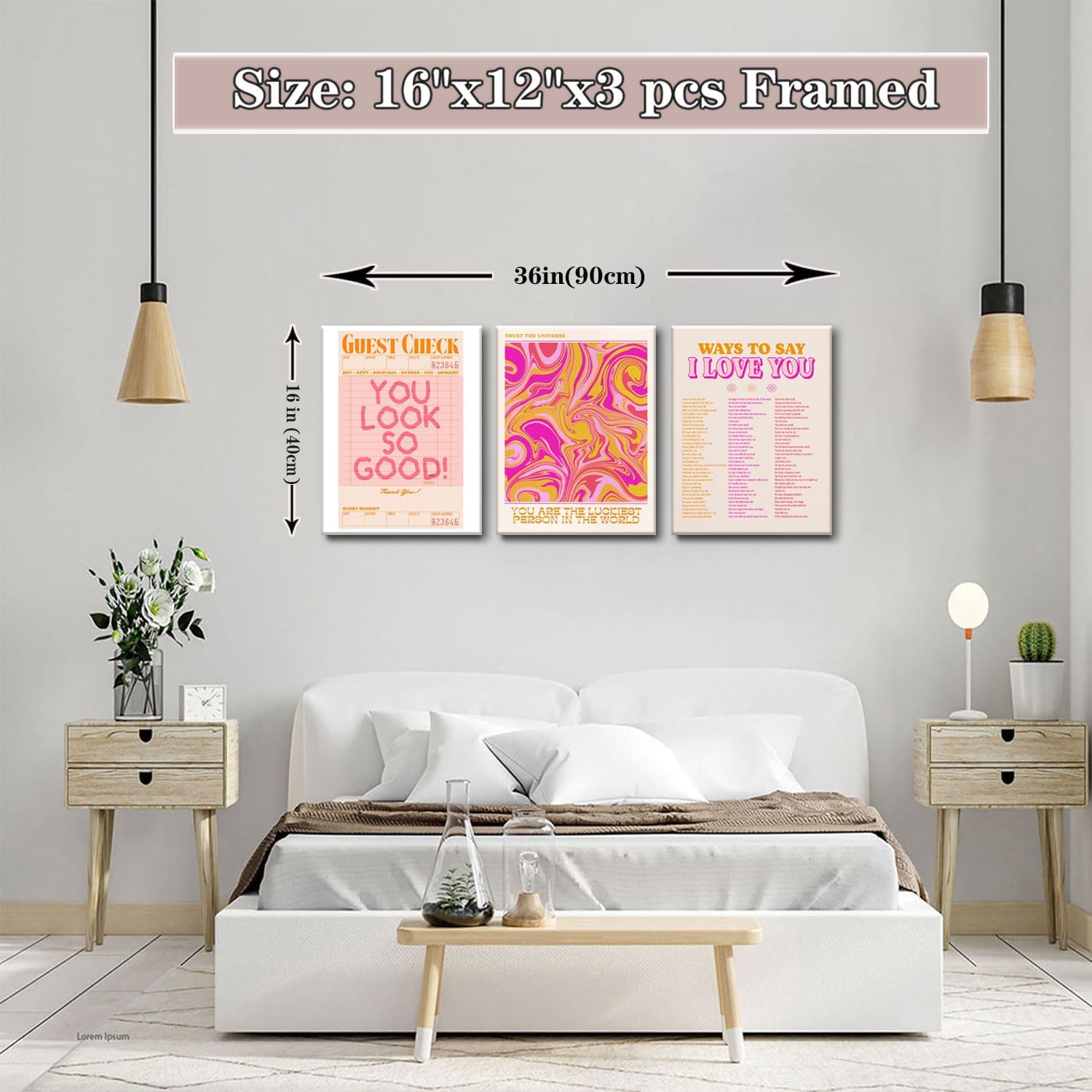 Pink Wall Decor - Canvas Art Set of 3 | Abstract Love Posters | Unique Framed Room Decor for Teens - 12x16''