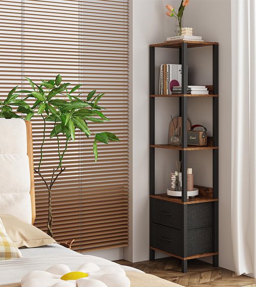 VIMBER Tall Bookshelf with Drawers, 6-Tier Tall Bookcase for Books, Garage Kit, CDs, Movies, Modern Standing Bookshelves Storage Organizer for Bedroom Office Living Room Rustic Brown USSJ002F