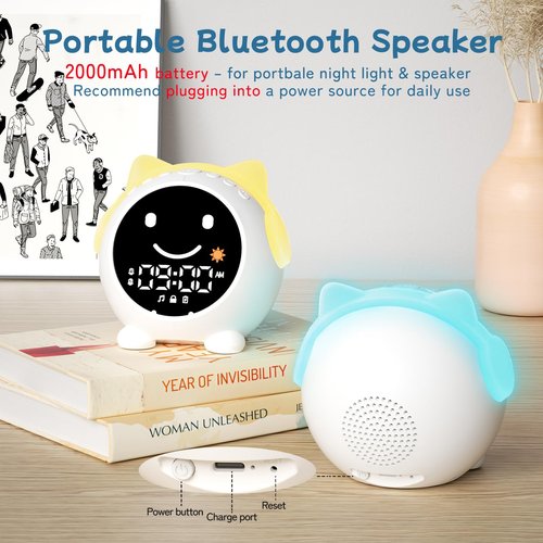 JAHUYU Kids Alarm Clock with Sleep Training, LED Night Light, Bluetooth Music, Multi-Color Display, Sound Machine, OK to Wake Light for Toddlers and Children