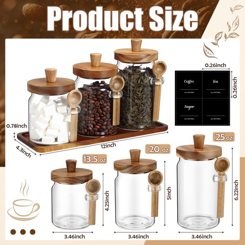 Suclain 3 Pcs Glass Coffee Container with Wooden Lid Spoon Shelf Labels Clear Airtight Jar Food Storage Canister Set for Sugar Spice Coffee Bean Holder Housewarming Gift(13.5,20,25 oz,Acacia Brown)