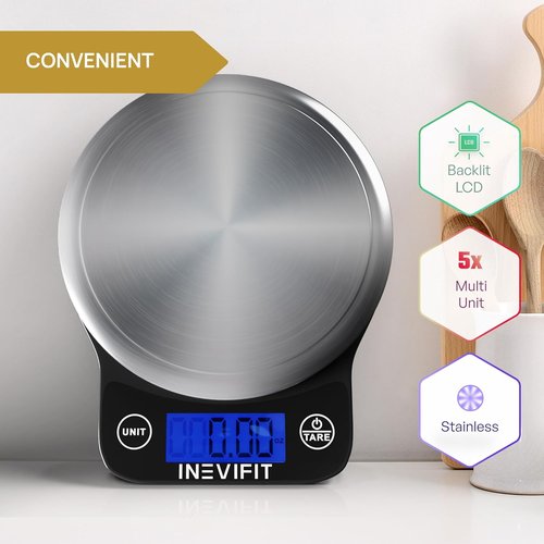 INEVIFIT Digital Kitchen Scale - Highly Accurate Multifunction Food Scale Up to 13 lbs | Sleek Black & Stainless Steel Finish