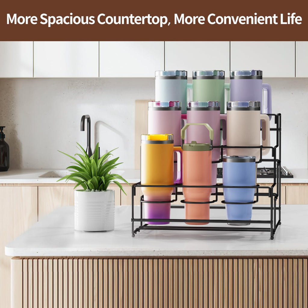 Nuovoware Water Bottle Organizer for Stanley 40 Oz Tumbler with Handle, 3-Tier Stanley Cup Organizer for Cabinet, 9 Bottles Free-Standing Kitchen Tumbler Storage Holder, Easy to Install, Black