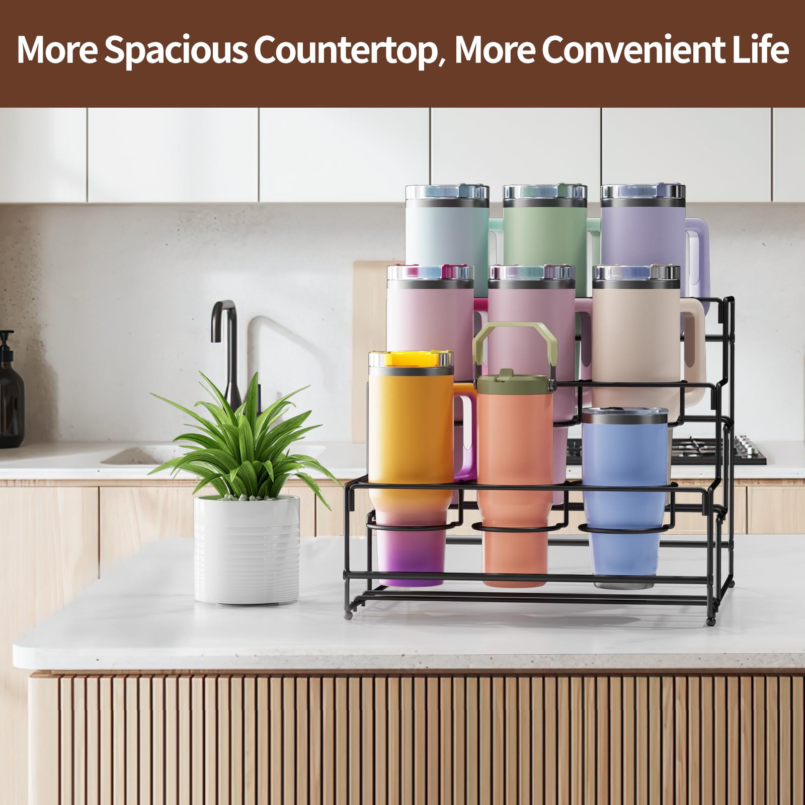 Nuovoware Water Bottle Organizer for Stanley 40 Oz Tumbler with Handle, 3-Tier Stanley Cup Organizer for Cabinet, 9 Bottles Free-Standing Kitchen Tumbler Storage Holder, Easy to Install, Black
