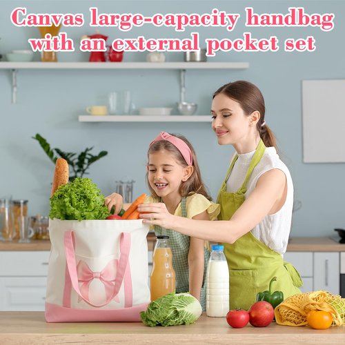 Sanwuta 12 Pcs Coquette Pink Bow Preppy Canvas Tote Bags for Women Valentine Day Large Aesthetic Canvas Bag with Pocket Reusable Grocery Shopping Tote Gifts for Work Beach Travel