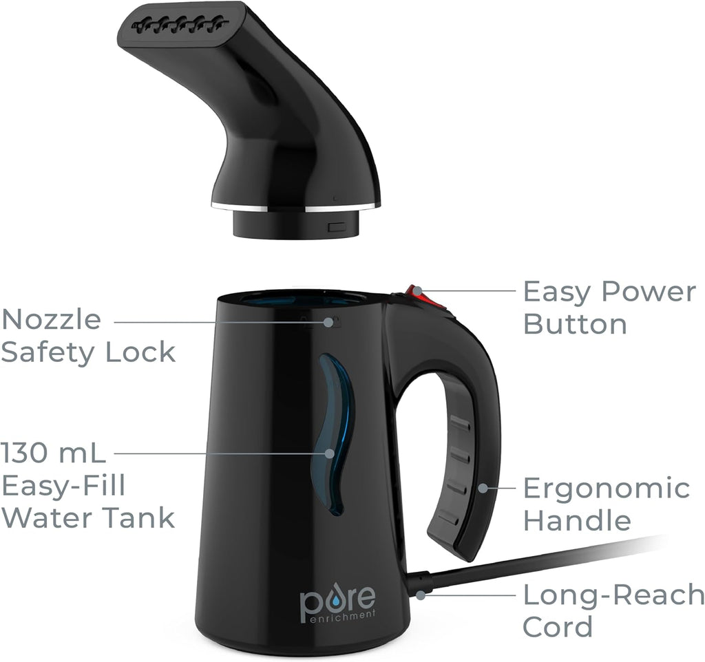 Pure Enrichment Portable Fabric Steamer - Fast-Heating Handheld Garment Steamer for All Fabrics | Lightweight & Safe (Black)