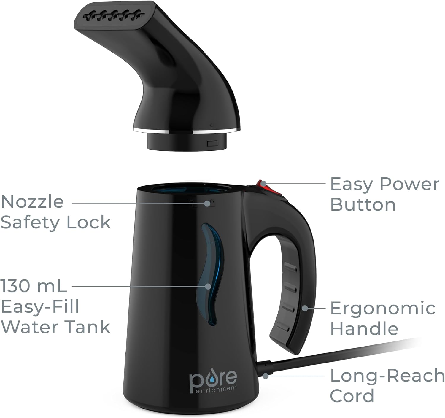 Pure Enrichment Portable Fabric Steamer - Fast-Heating Handheld Garment Steamer for All Fabrics | Lightweight & Safe (Black)