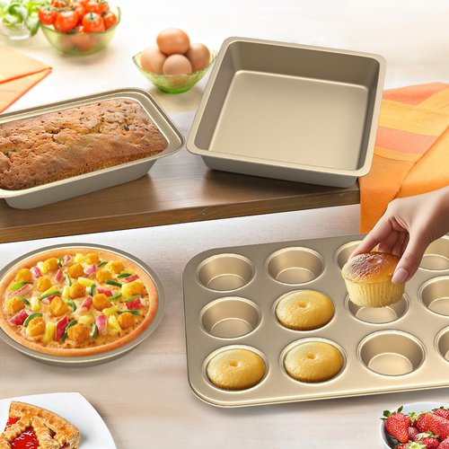 CasaCulina Baking Pans Set, 5-Piece Nonstick Bakeware Sets with Round/Square Cake Pan, Muffin Loaf Roast Pan, Baking Sheets for Oven, Kitchen Cookware Sets Baking Tray Baking Supplies, Gold