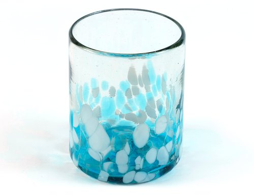 Handmade con Amor - 12 oz Hand Blown Mexican Drinking Glasses - Set of 6 tumblers, 11-13 fl oz each, Ocean Blue Confetti