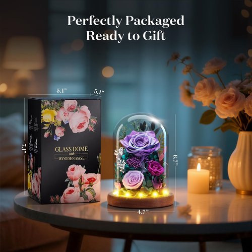 Valentine's Day Flower Gifts for Her - Forever Fresh Flowers Bouquet for Delivery, Preserved Purple Rose in Glass Dome with Light as Birthday Gifts for Women, Mom, Grandma, Friend, Wife, Girlfriend