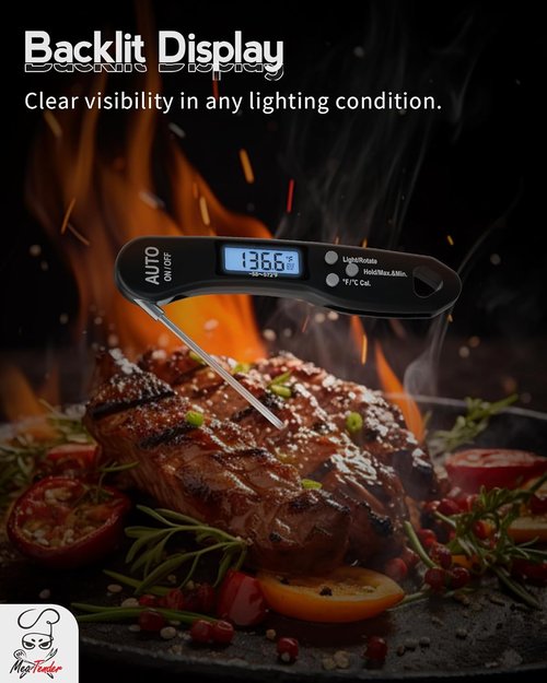 Instant Read Meat Thermometer by [Brand Name] - 1.2s Fast Read, ±1°F Accuracy, Foldable Probe, Auto-Rotating Display