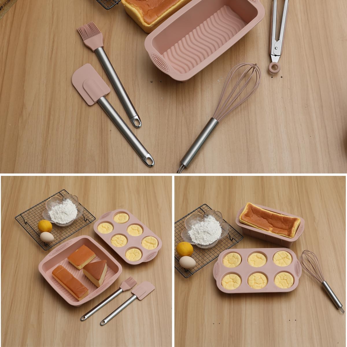 Skiennix 10-in-1 Nonstick Silicone Baking Pan Set - BPA Free, Heat Resistant Bakeware for Muffins, Loaves, and More (Pink)
