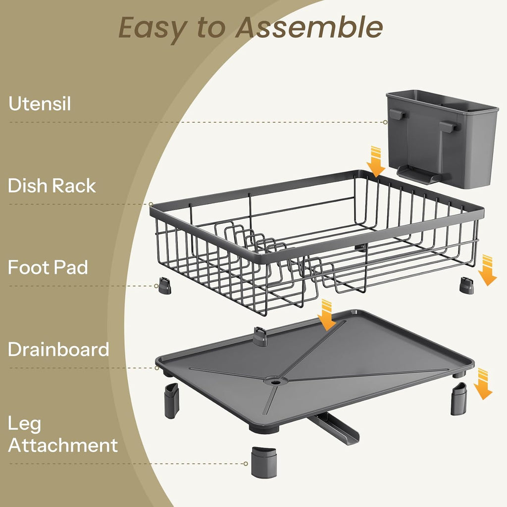 SNTD Dish Drying Rack - Stainless Steel Kitchen Dish Drainer with Utensil Holder | 11" W x 15" L (Grey)