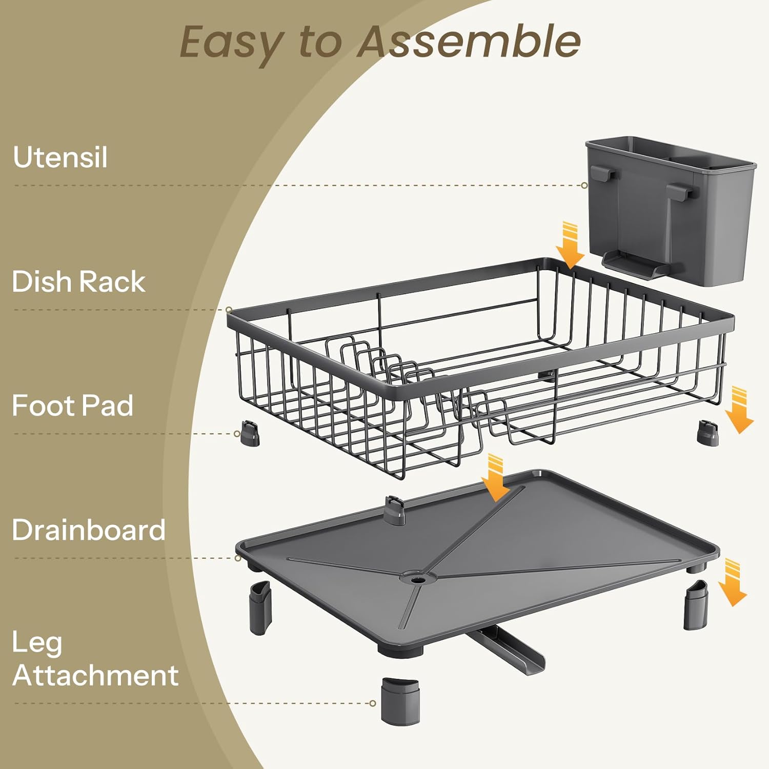 SNTD Dish Drying Rack - Stainless Steel Kitchen Dish Drainer with Utensil Holder | 11" W x 15" L (Grey)