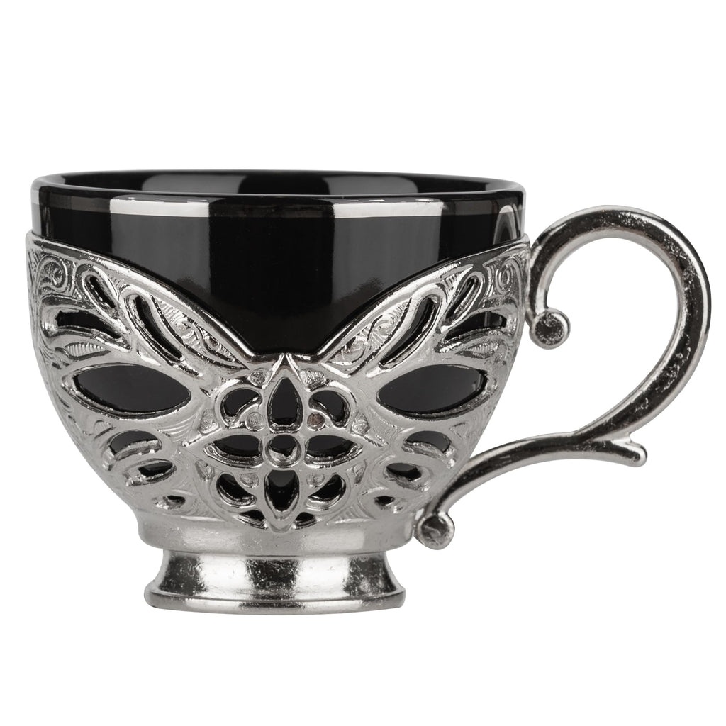 Alisveristime Turkish Coffee Set for Six, 6 Black Porcelain Cups with Gilded Rims, Zamac Holders and Saucers, Two Color Variations: Gold and Silver (Gilded-Design) (Silver)