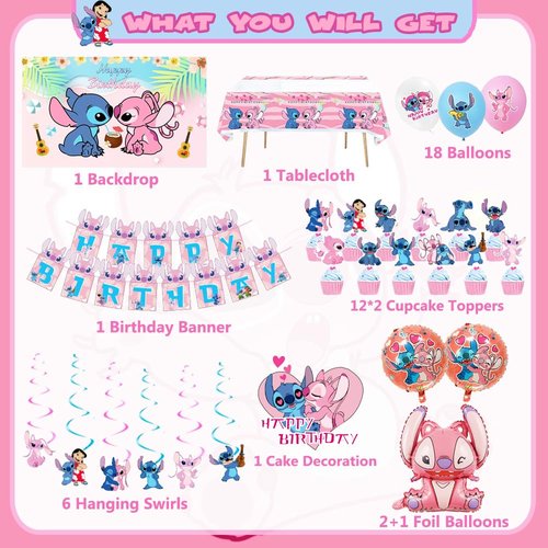 Pink Cartoon Theme Birthday Party Supplies Decorations, Including Birthday Banner, Tablecloth, Backdrop, Hanging Swirls, Balloons, Cake Toppers for kawaii Party