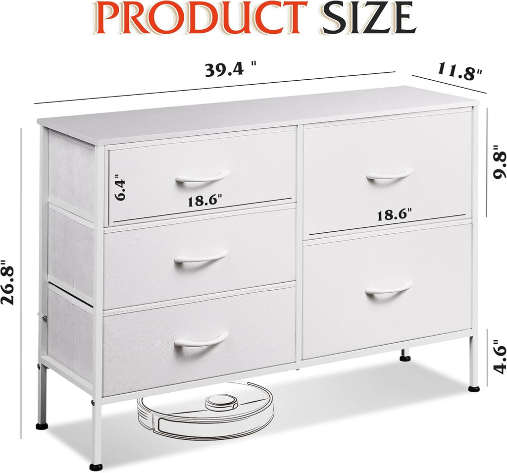 WLIVE White Dresser - 5 Drawer Fabric Chest for Bedroom, Living Room, Closet & Hallway